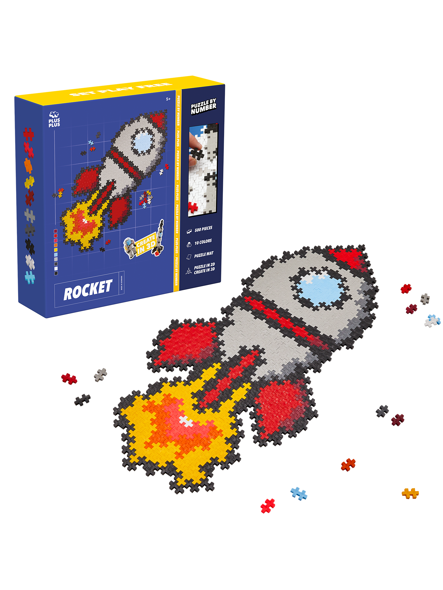 Plus-Plus Puzzle By Number Rumraket med 250 brikker og byggeguide – byg din egen rumraket ved at matche tal og farver og tag på kreativt eventyr i rummet